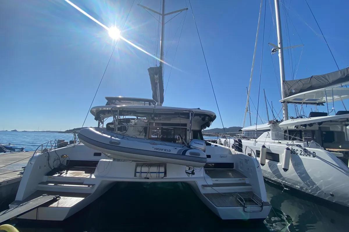 Exterior view of Copernicus II, a Lagoon 42 catamaran at Olbia, Italy