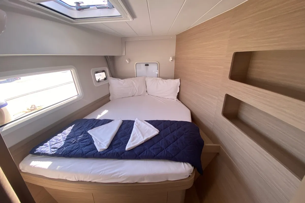 Cabin on Copernicus II, a Lagoon 42 catamaran at Olbia, Italy
