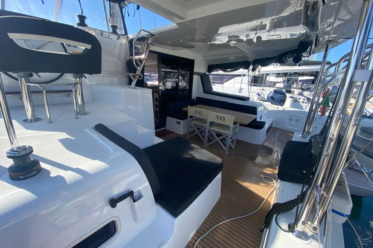 Deck of Copernicus II, a Lagoon 42 catamaran at Olbia, Italy