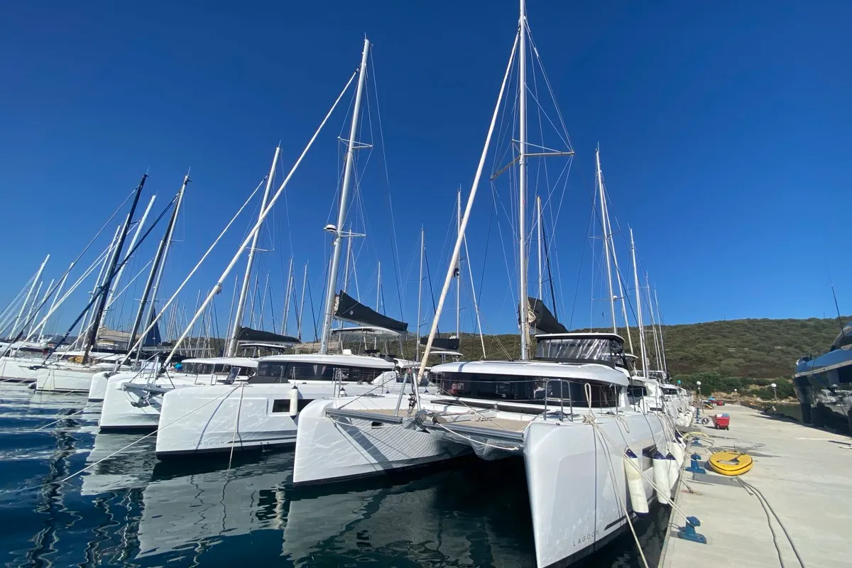 Exterior view of Copernicus II, a Lagoon 42 catamaran at Olbia, Italy