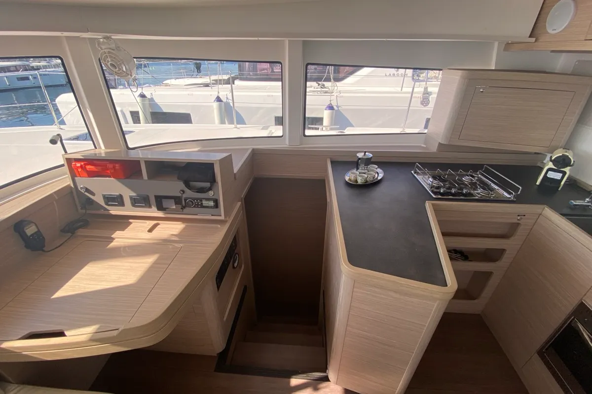 Salon of Copernicus II, a Lagoon 42 catamaran at Olbia, Italy