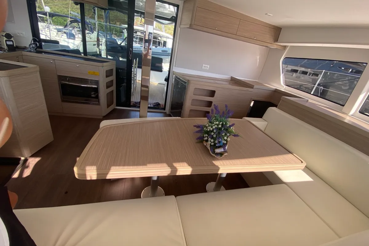 Salon of Copernicus II, a Lagoon 42 catamaran at Olbia, Italy