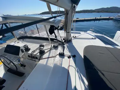Cockpit of Copernicus II, a Lagoon 42 catamaran at Olbia, Italy