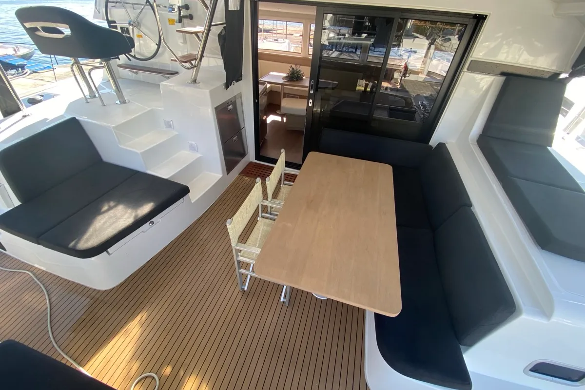 Deck of Copernicus II, a Lagoon 42 catamaran at Olbia, Italy