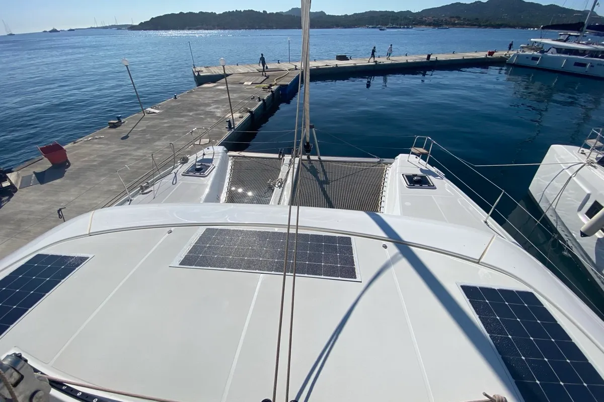 Deck of Copernicus II, a Lagoon 42 catamaran at Olbia, Italy
