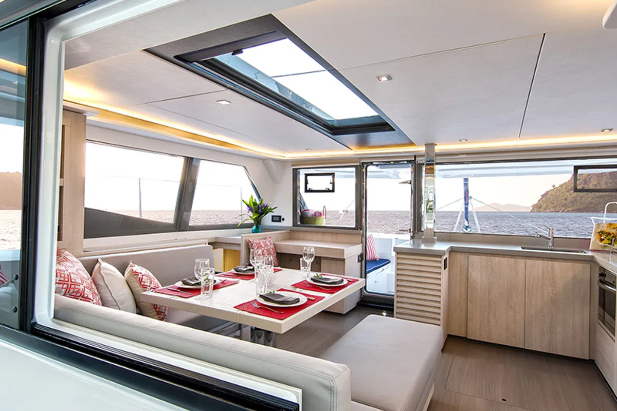 Salon of Moorings 4500 Club, a Leopard 45 catamaran at Tonnarella, Italy
