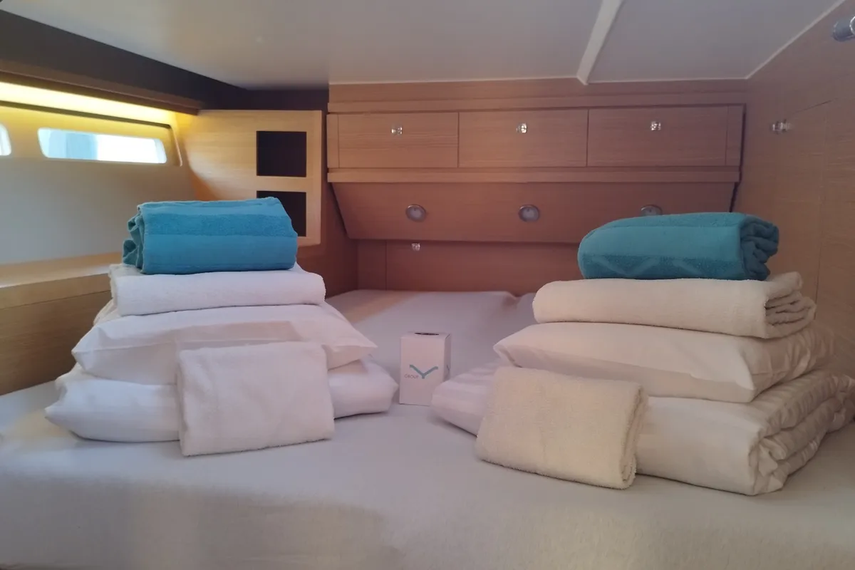 Cabin on Nakupenda, a Dufour 56 Exclusive sailboat at Olbia, Italy