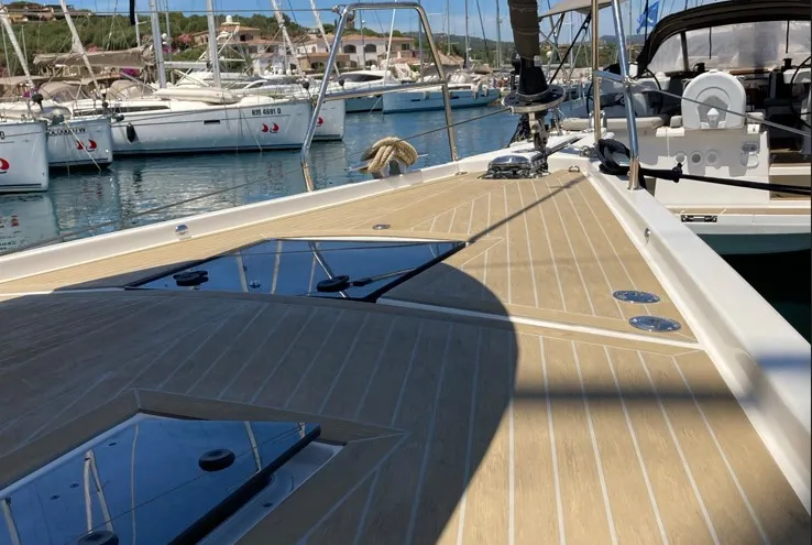 Deck of Nakupenda, a Dufour 56 Exclusive sailboat at Olbia, Italy