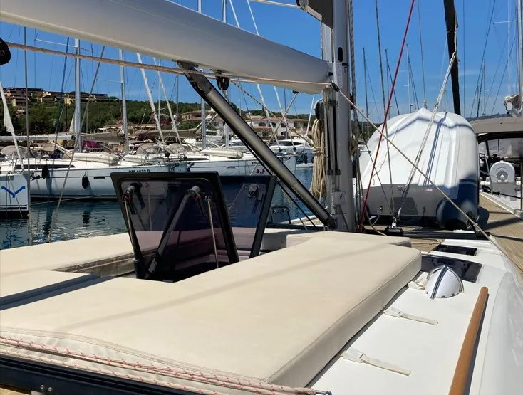Deck of Nakupenda, a Dufour 56 Exclusive sailboat at Olbia, Italy