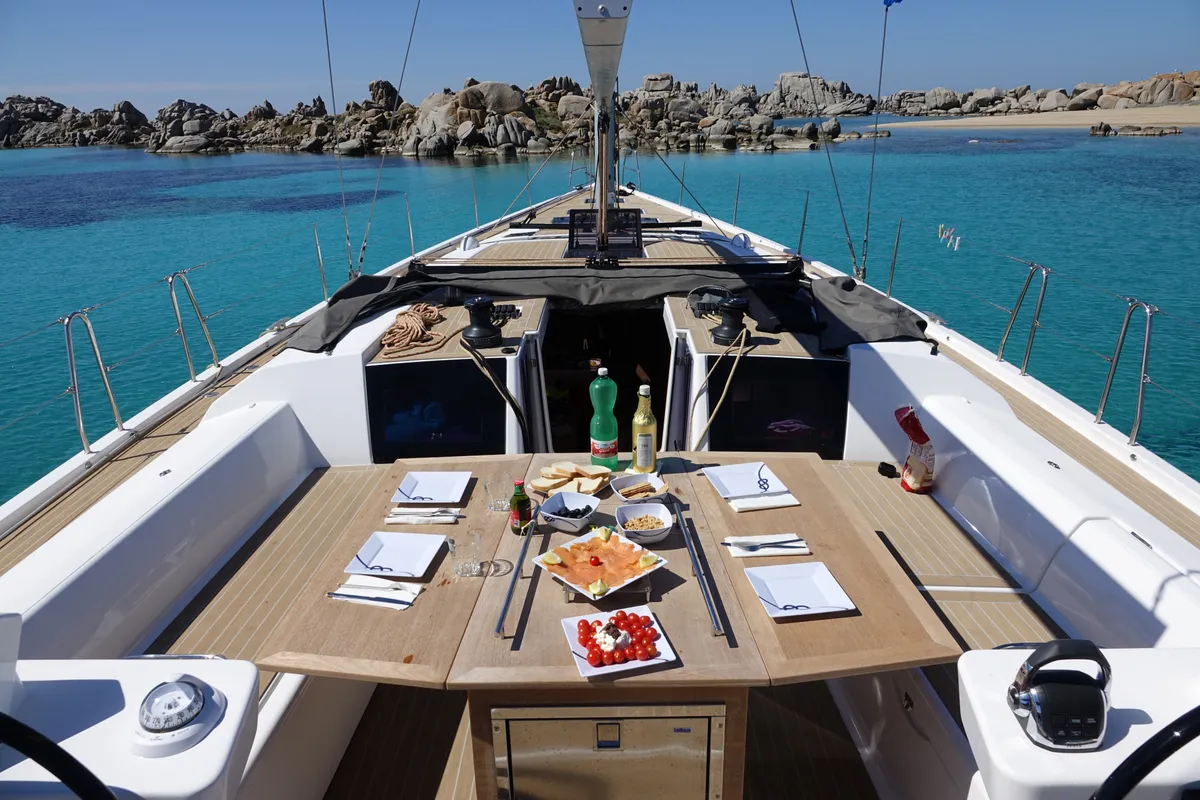 Deck of Nakupenda, a Dufour 56 Exclusive sailboat at Olbia, Italy