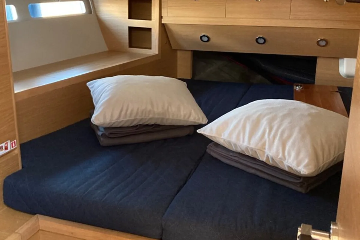 Cabin on Nakupenda, a Dufour 56 Exclusive sailboat at Olbia, Italy
