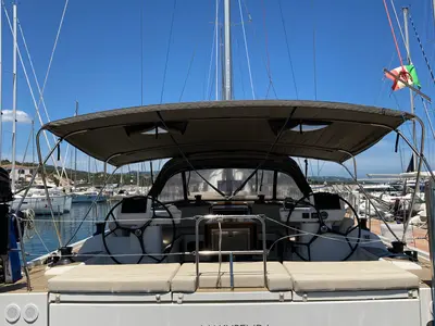 Cockpit of Nakupenda, a Dufour 56 Exclusive sailboat at Olbia, Italy