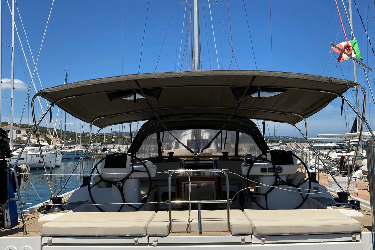Cockpit of Nakupenda, a Dufour 56 Exclusive sailboat at Olbia, Italy