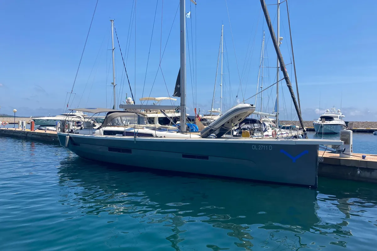 Exterior view of Nakupenda, a Dufour 56 Exclusive sailboat at Olbia, Italy