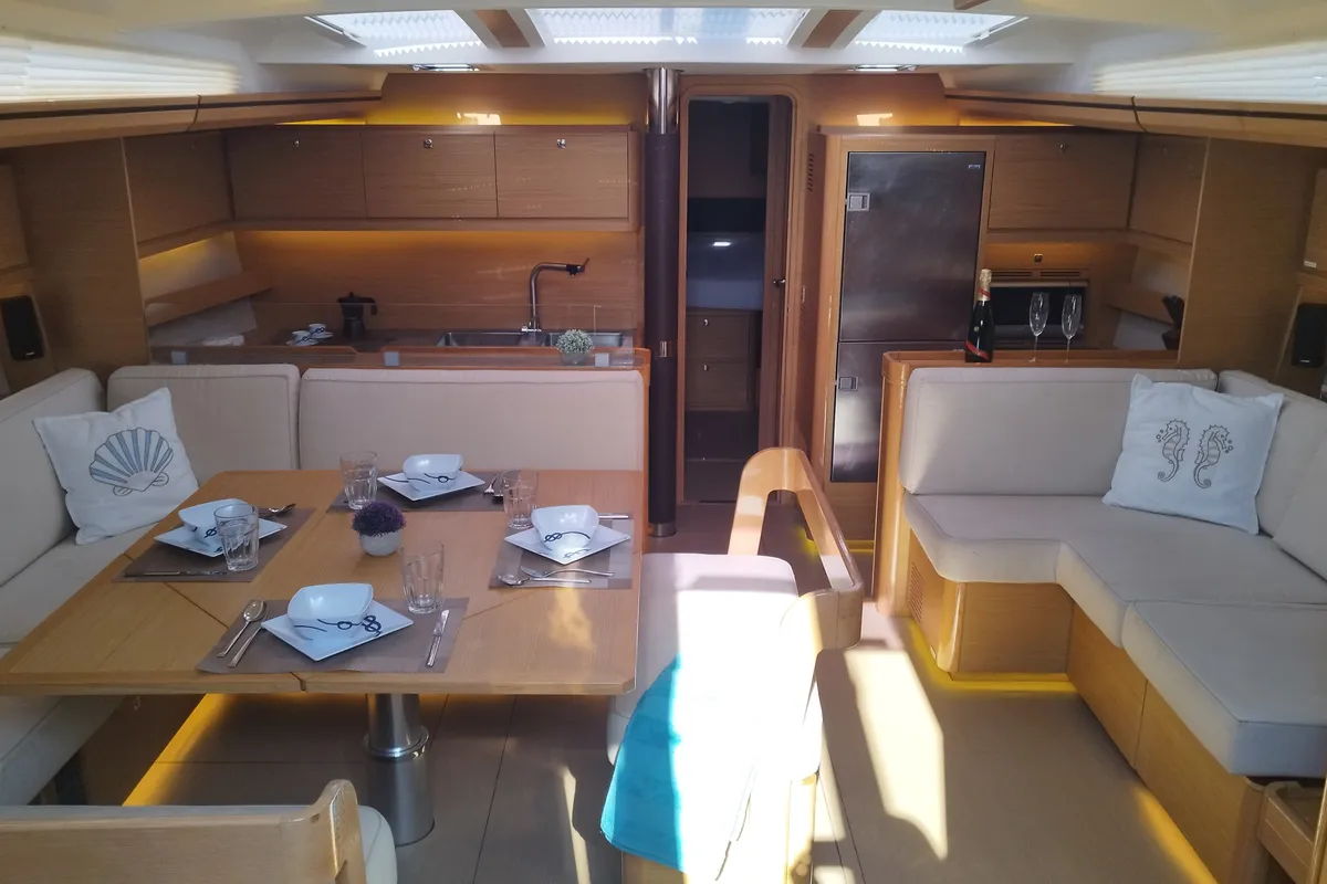 Salon of Nakupenda, a Dufour 56 Exclusive sailboat at Olbia, Italy