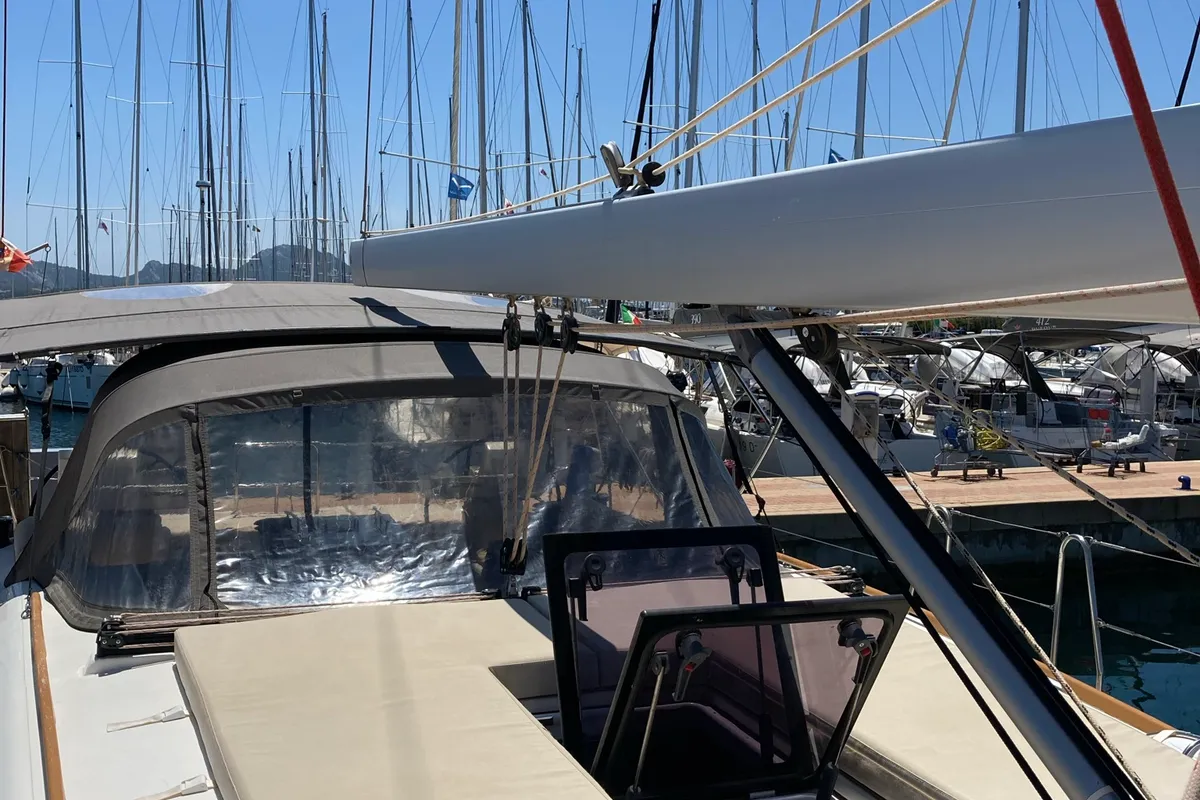 Deck of Nakupenda, a Dufour 56 Exclusive sailboat at Olbia, Italy