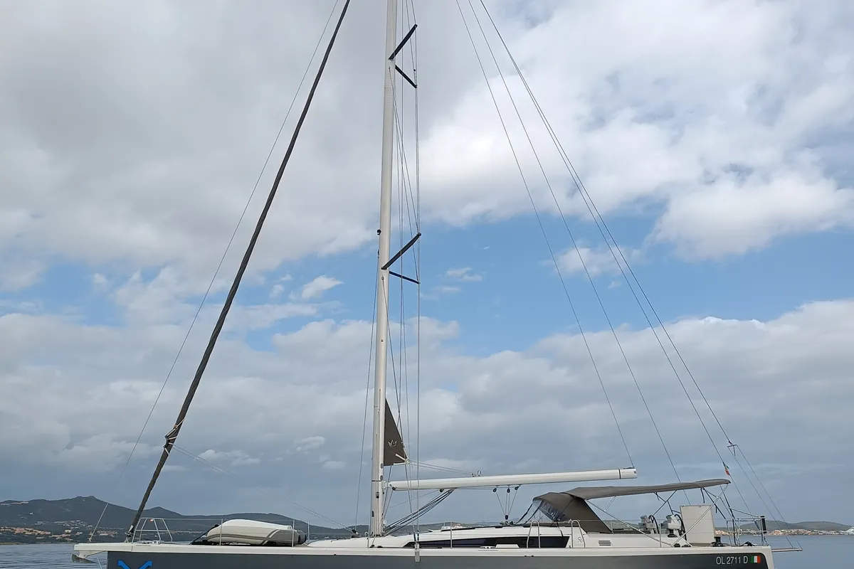 Exterior view of Nakupenda, a Dufour 56 Exclusive sailboat at Olbia, Italy