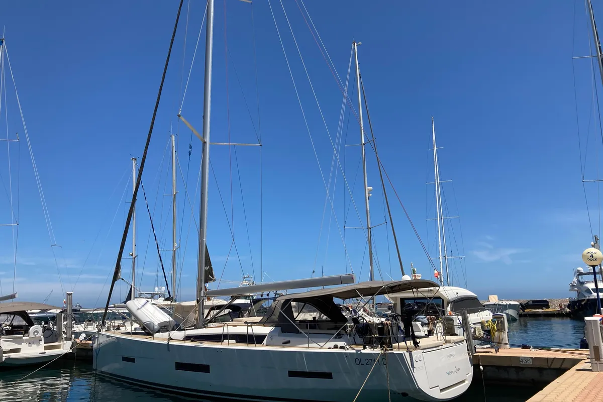 Exterior view of Nakupenda, a Dufour 56 Exclusive sailboat at Olbia, Italy