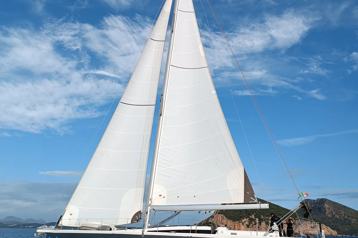 Exterior view of Nakupenda, a Dufour 56 Exclusive sailboat at Olbia, Italy
