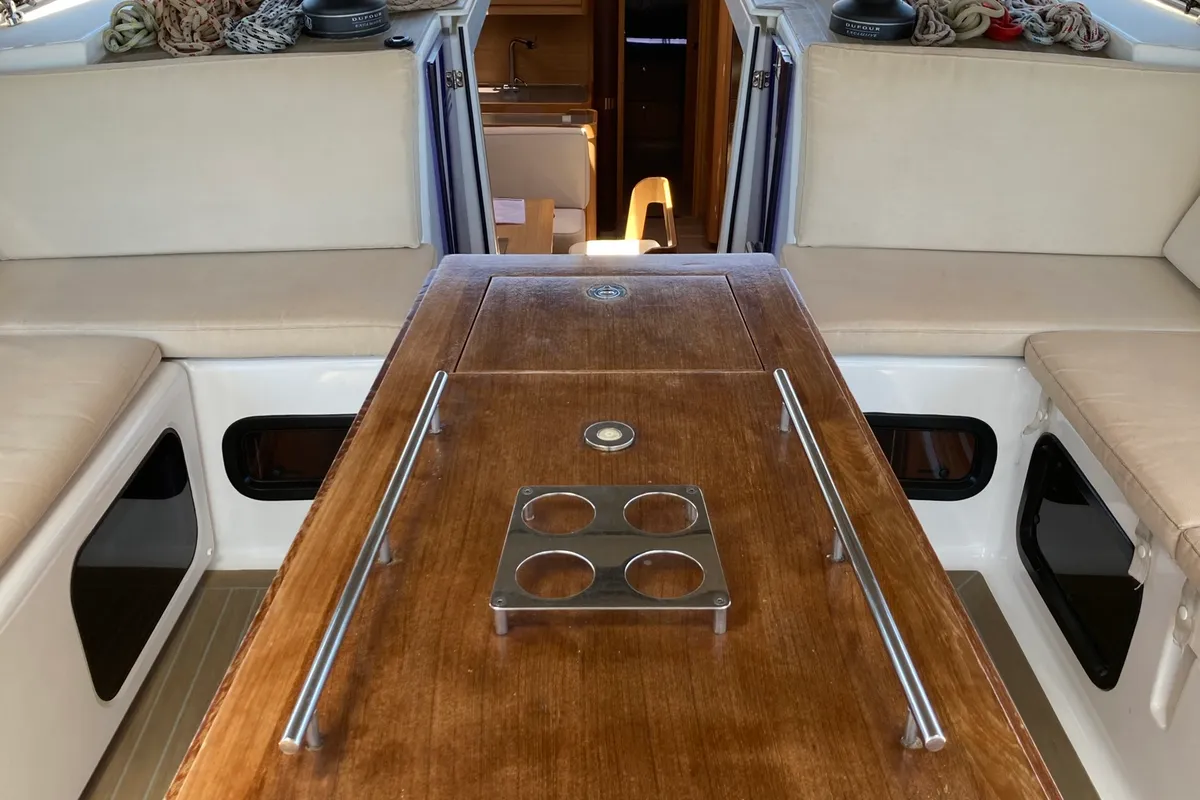 Deck of Nakupenda, a Dufour 56 Exclusive sailboat at Olbia, Italy
