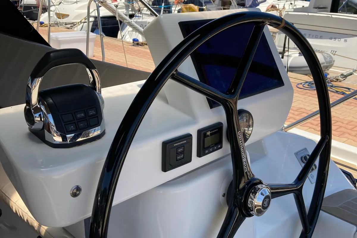 Cockpit of Nakupenda, a Dufour 56 Exclusive sailboat at Olbia, Italy