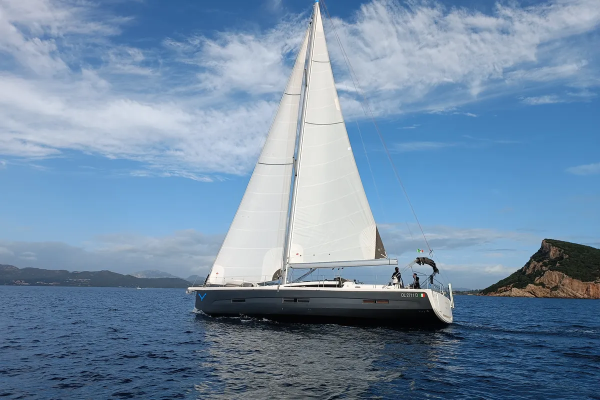 Exterior view of Nakupenda, a Dufour 56 Exclusive sailboat at Olbia, Italy