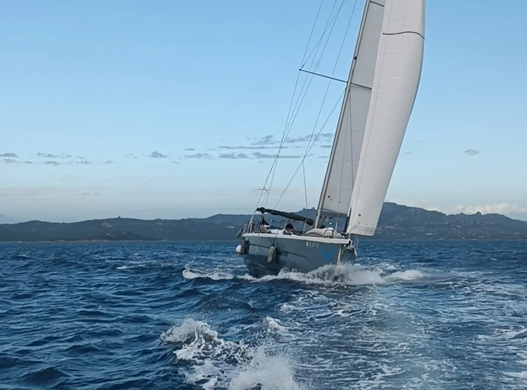 Exterior view of Nakupenda, a Dufour 56 Exclusive sailboat at Olbia, Italy