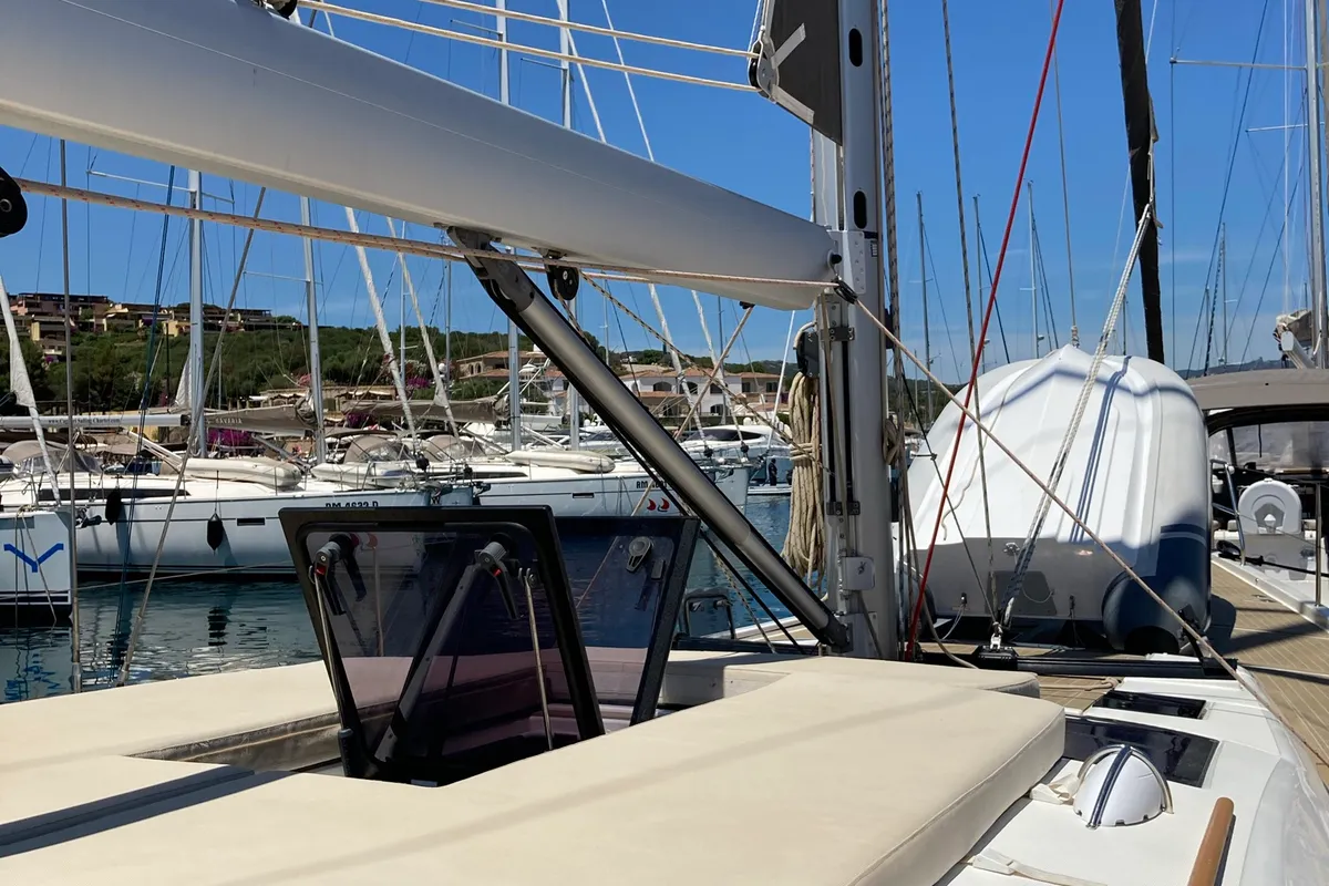 Deck of Nakupenda, a Dufour 56 Exclusive sailboat at Olbia, Italy