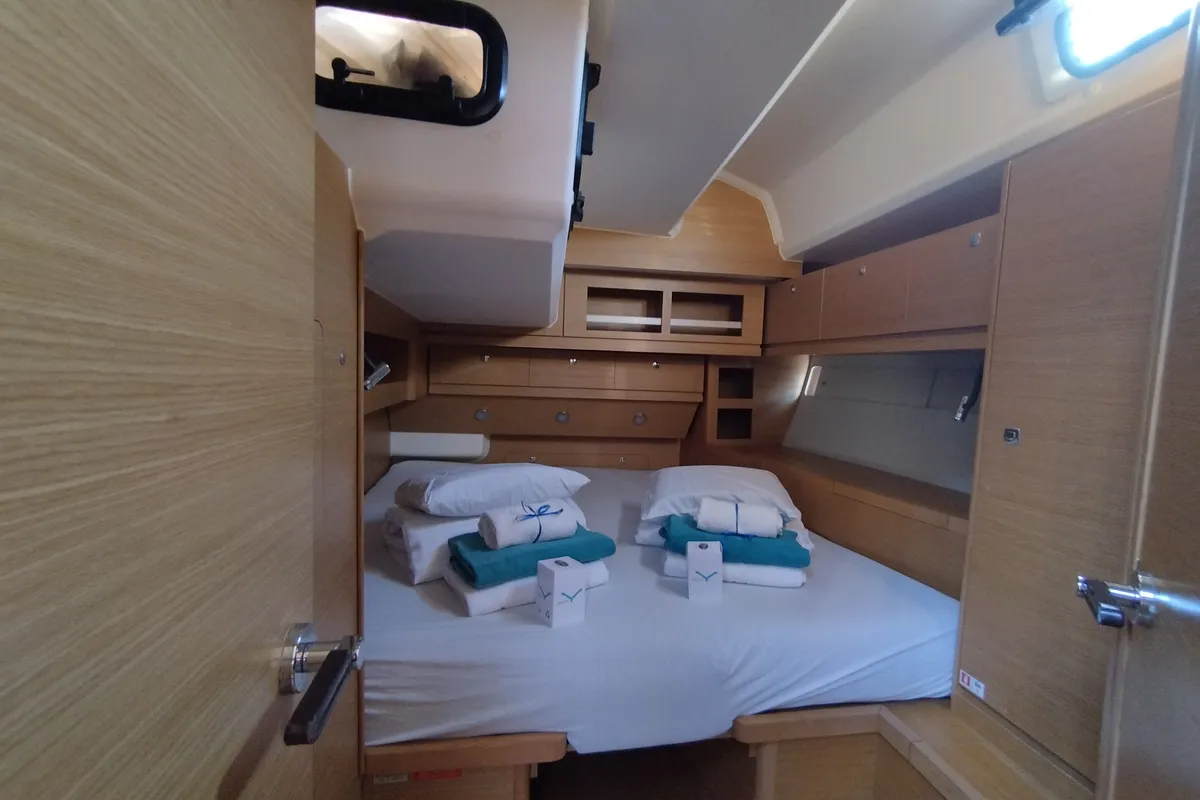 Cabin on Nakupenda, a Dufour 56 Exclusive sailboat at Olbia, Italy