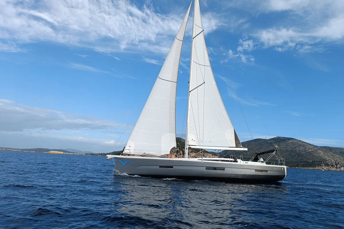 Exterior view of Nakupenda, a Dufour 56 Exclusive sailboat at Olbia, Italy