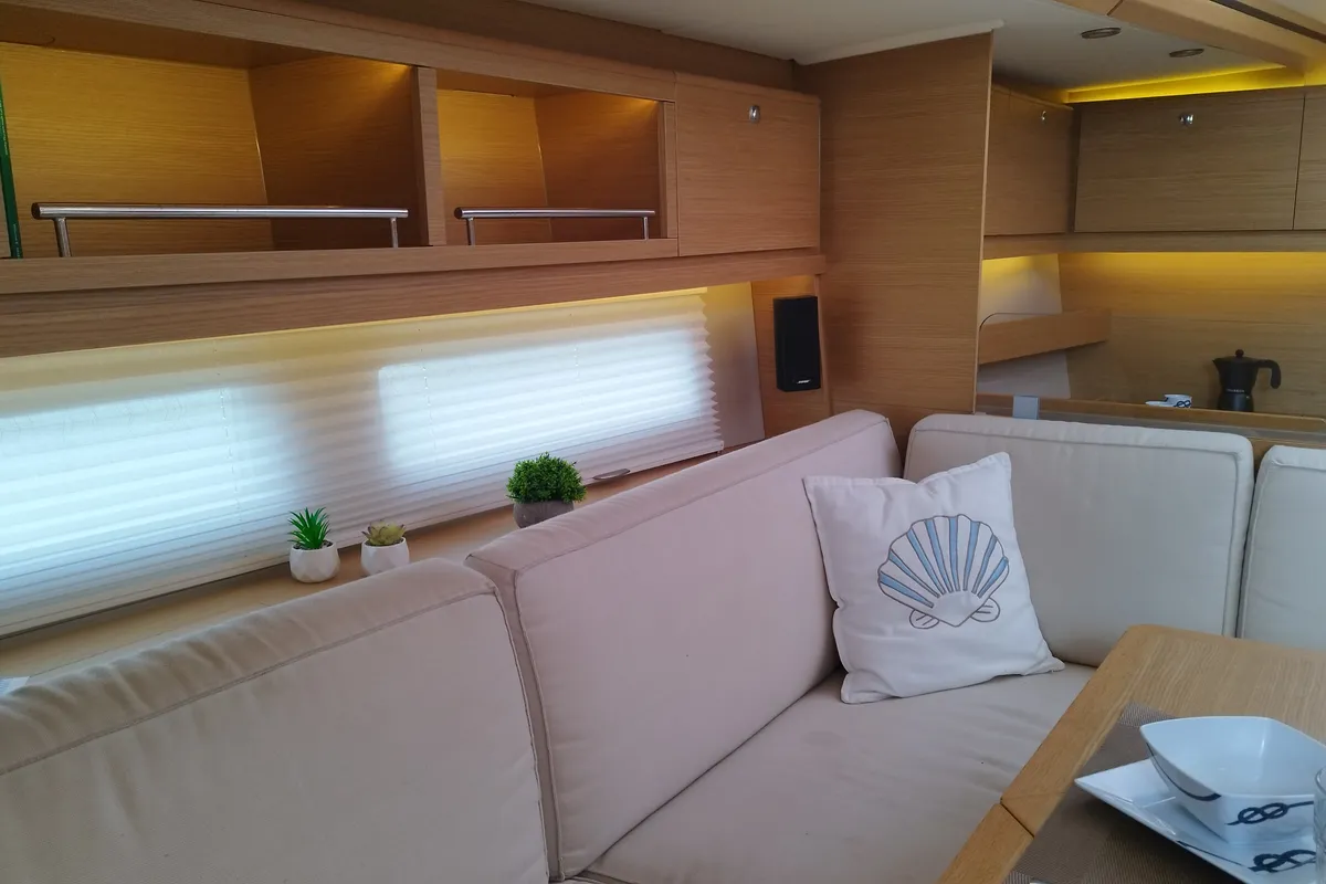 Salon of Nakupenda, a Dufour 56 Exclusive sailboat at Olbia, Italy