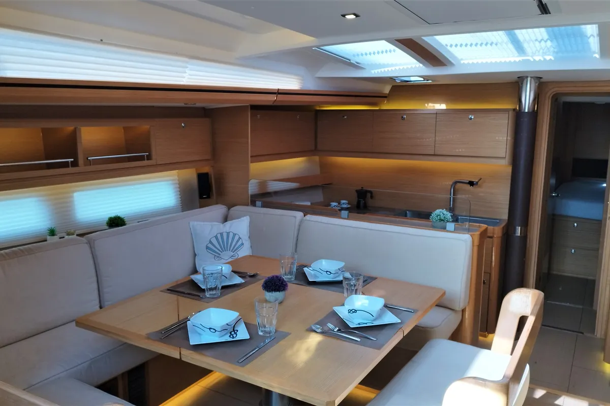 Salon of Nakupenda, a Dufour 56 Exclusive sailboat at Olbia, Italy