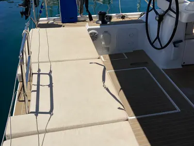 Deck of Nakupenda, a Dufour 56 Exclusive sailboat at Olbia, Italy