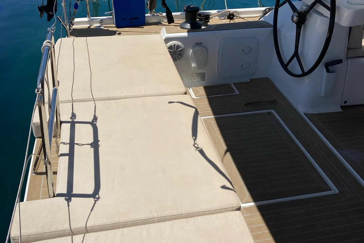 Deck of Nakupenda, a Dufour 56 Exclusive sailboat at Olbia, Italy