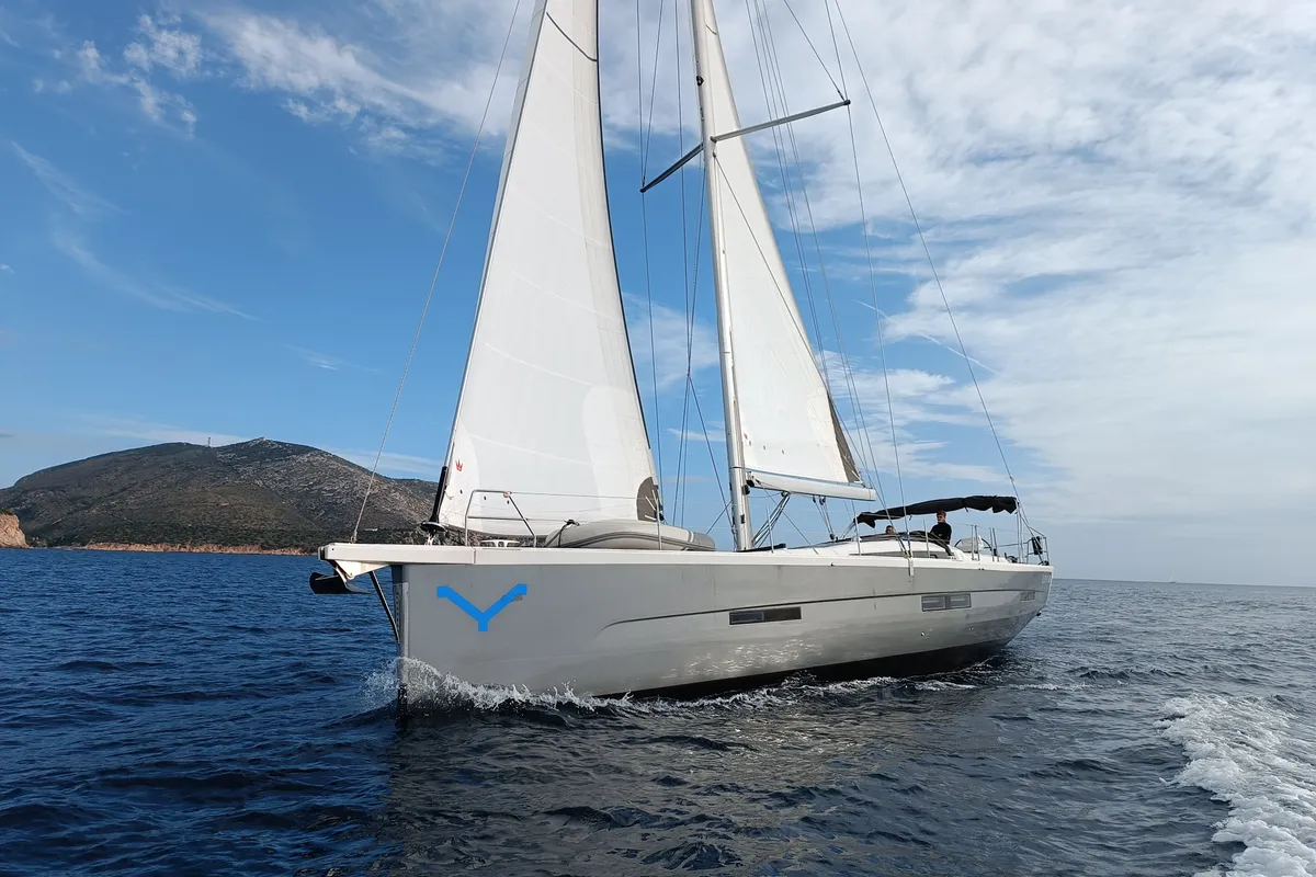 Exterior view of Nakupenda, a Dufour 56 Exclusive sailboat at Olbia, Italy