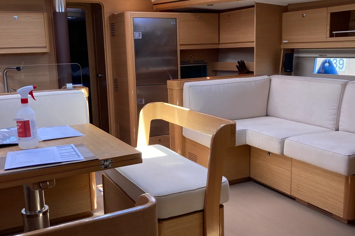 Salon of Nakupenda, a Dufour 56 Exclusive sailboat at Olbia, Italy