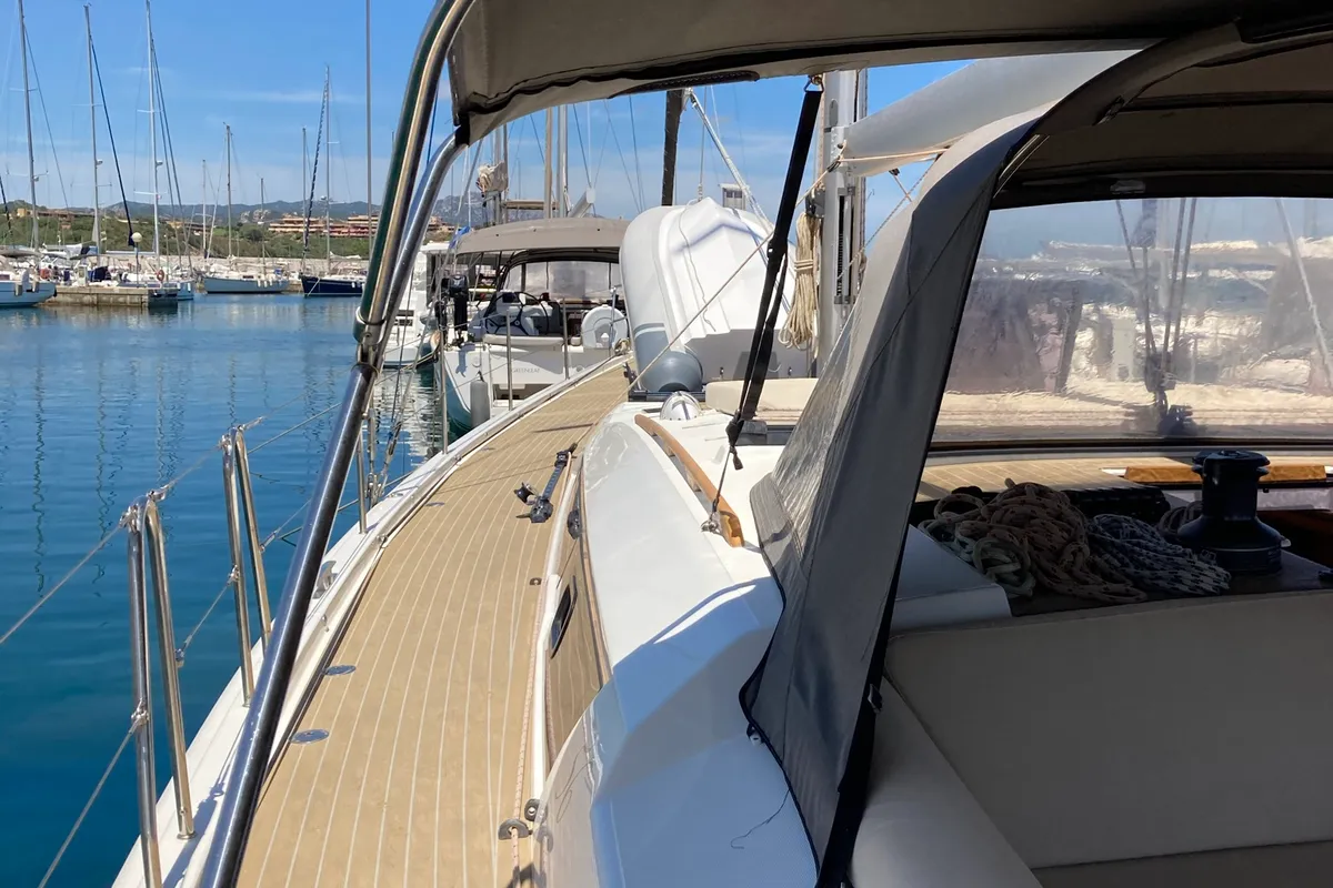 Deck of Nakupenda, a Dufour 56 Exclusive sailboat at Olbia, Italy