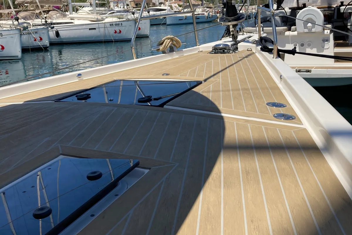 Deck of Nakupenda, a Dufour 56 Exclusive sailboat at Olbia, Italy