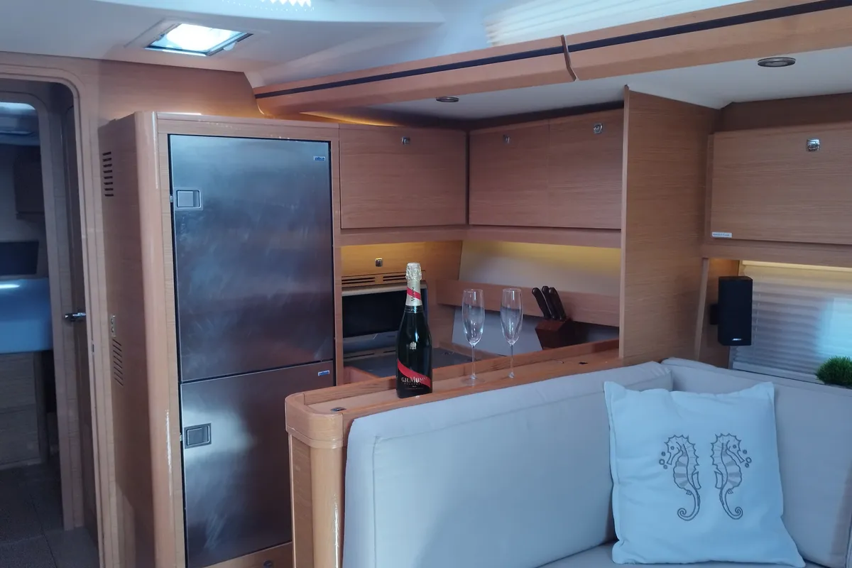 Salon of Nakupenda, a Dufour 56 Exclusive sailboat at Olbia, Italy