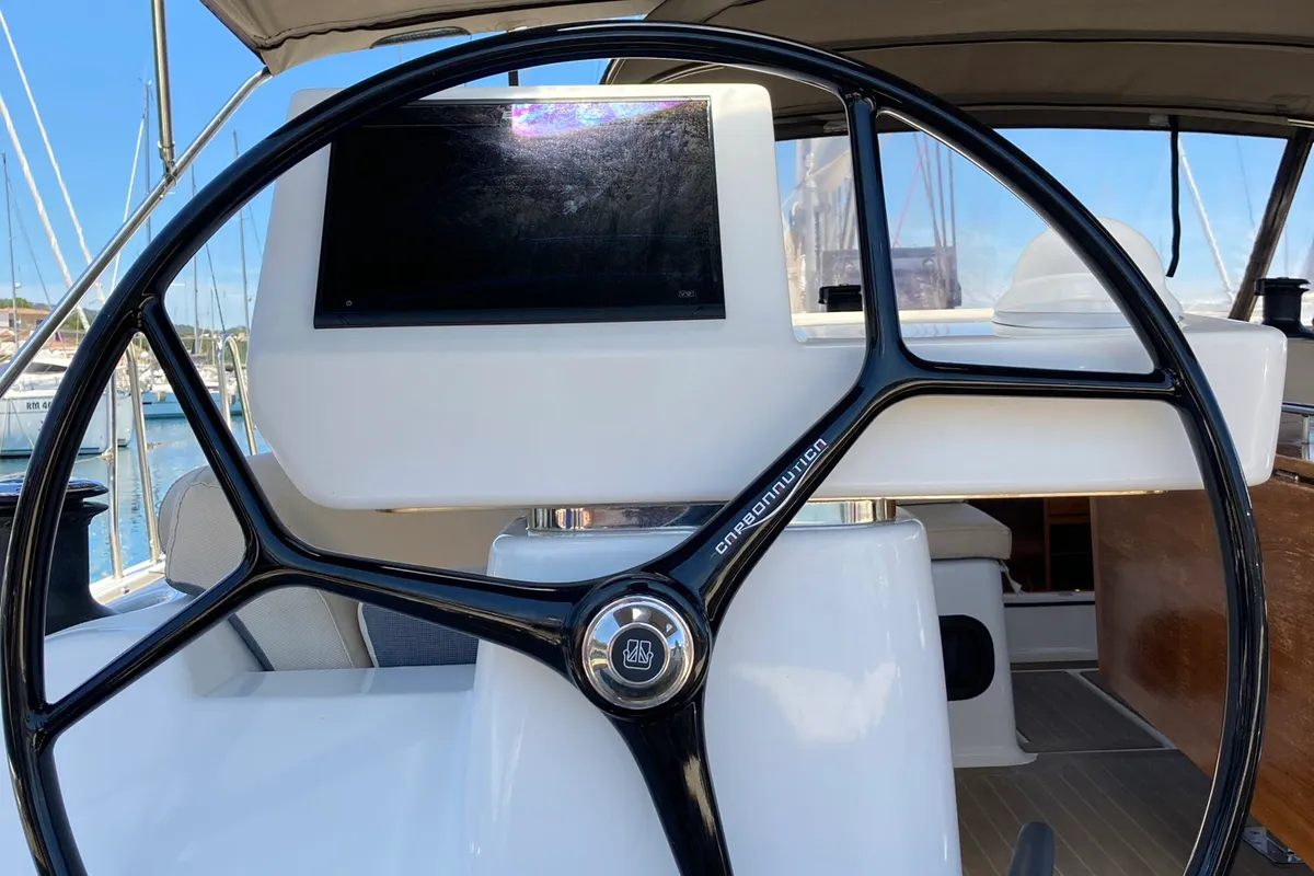 Cockpit of Nakupenda, a Dufour 56 Exclusive sailboat at Olbia, Italy