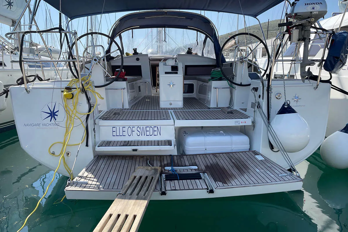 Cockpit of Elle of Sweden, a Jeanneau Sun Odyssey 440 sailboat at Seget Donji, Croatia