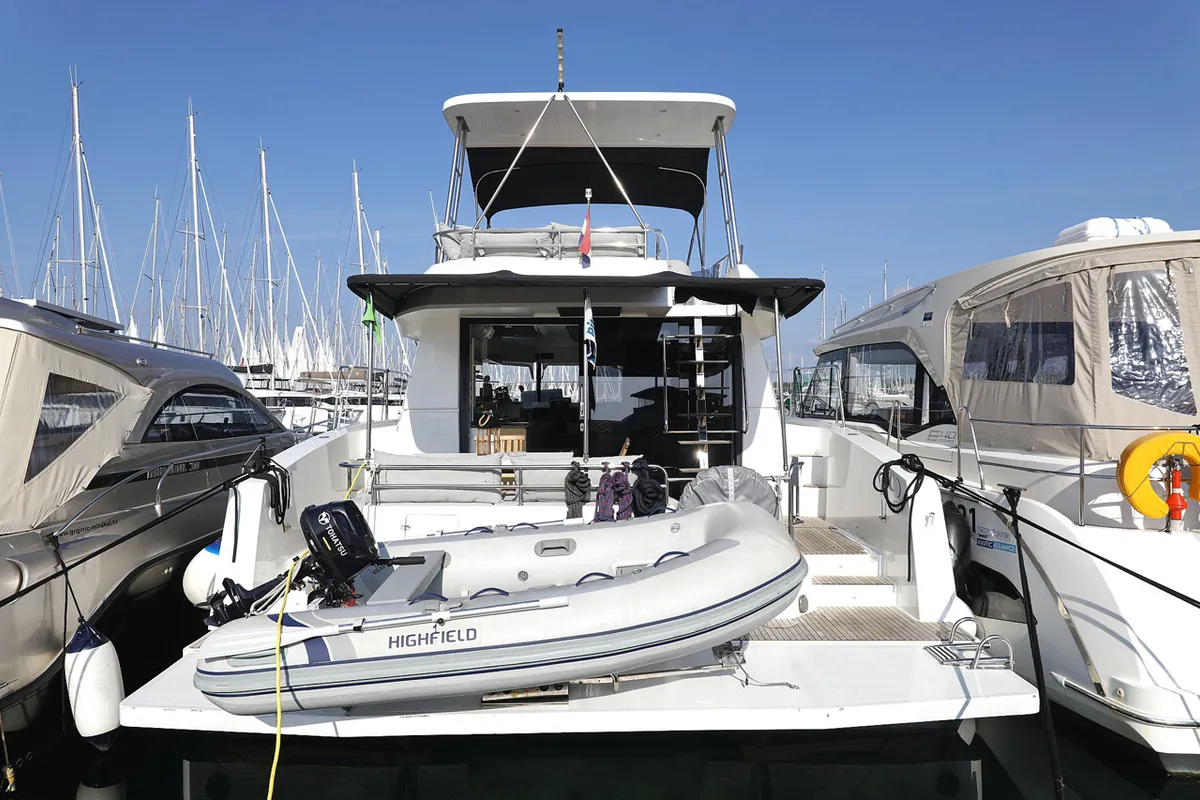Exterior view of Marketka, a Fountaine Pajot MY 37 catamaran at Grad Biograd na Moru, Croatia