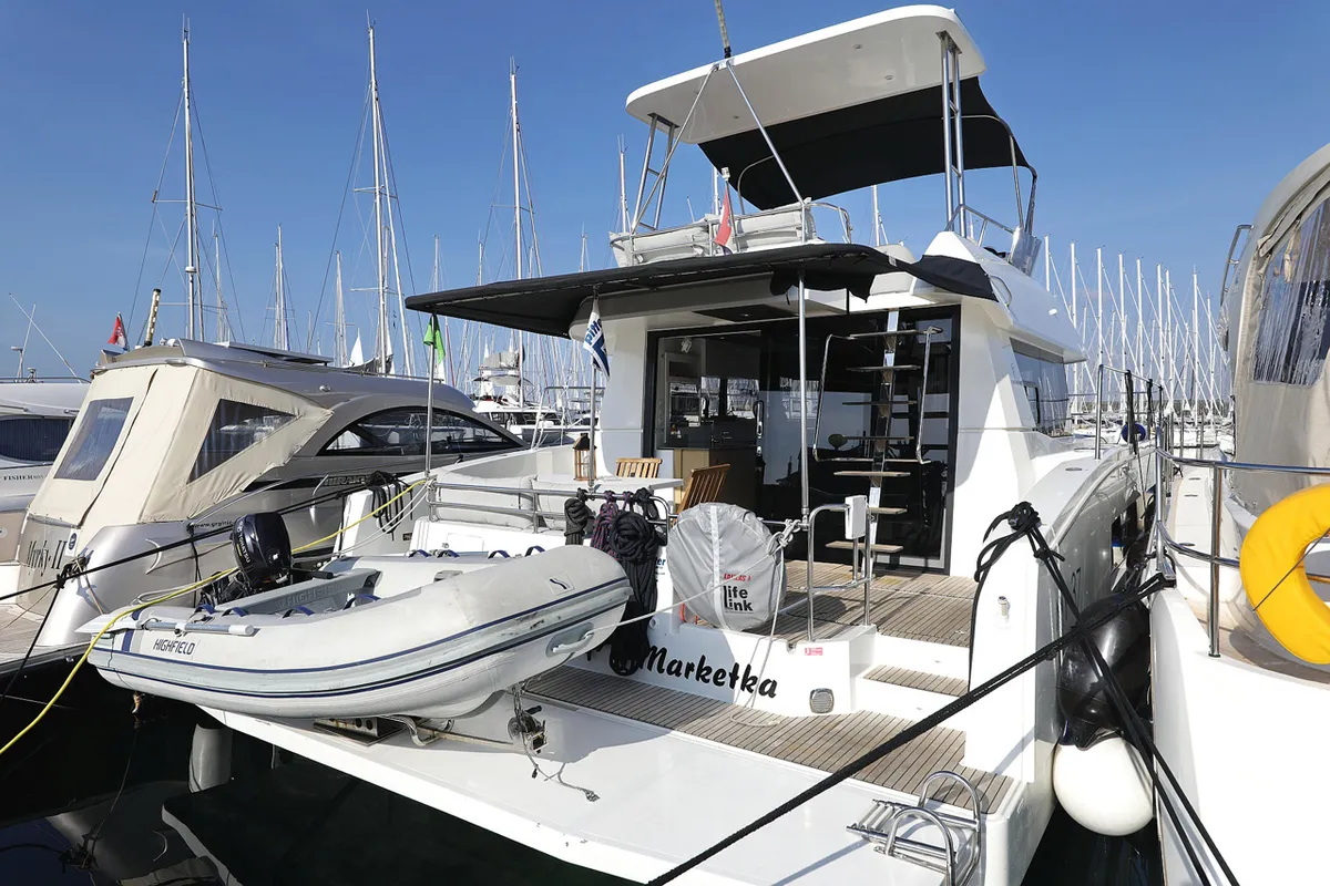 Exterior view of Marketka, a Fountaine Pajot MY 37 catamaran at Grad Biograd na Moru, Croatia