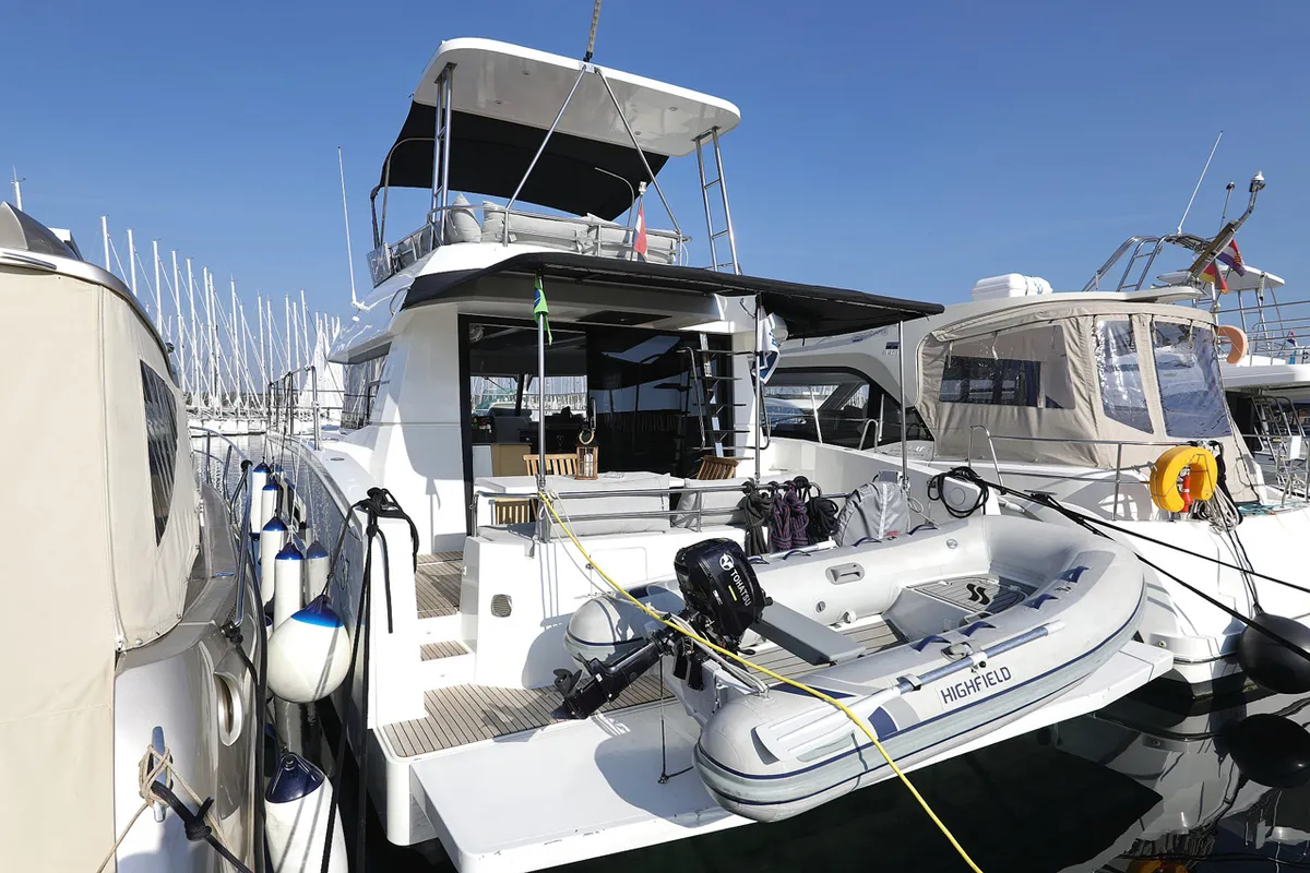 Exterior view of Marketka, a Fountaine Pajot MY 37 catamaran at Grad Biograd na Moru, Croatia