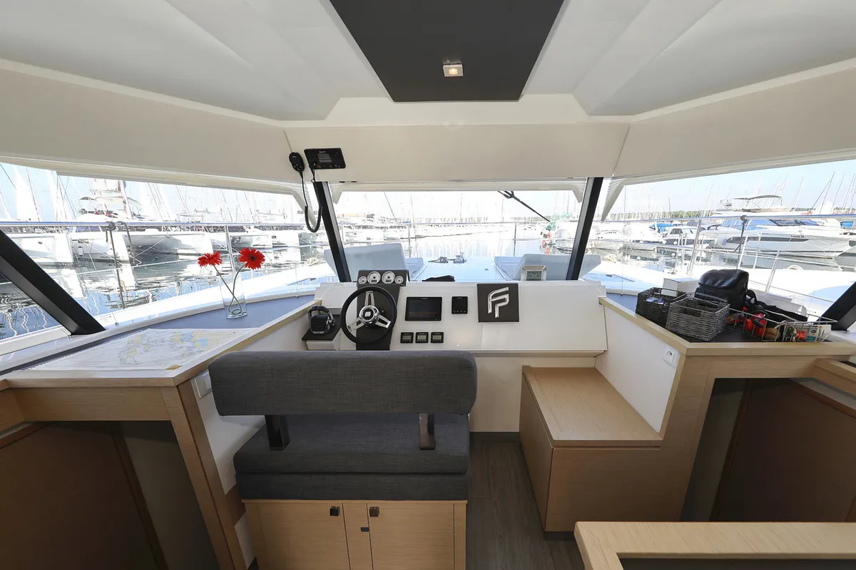 Cockpit of Marketka, a Fountaine Pajot MY 37 catamaran at Grad Biograd na Moru, Croatia