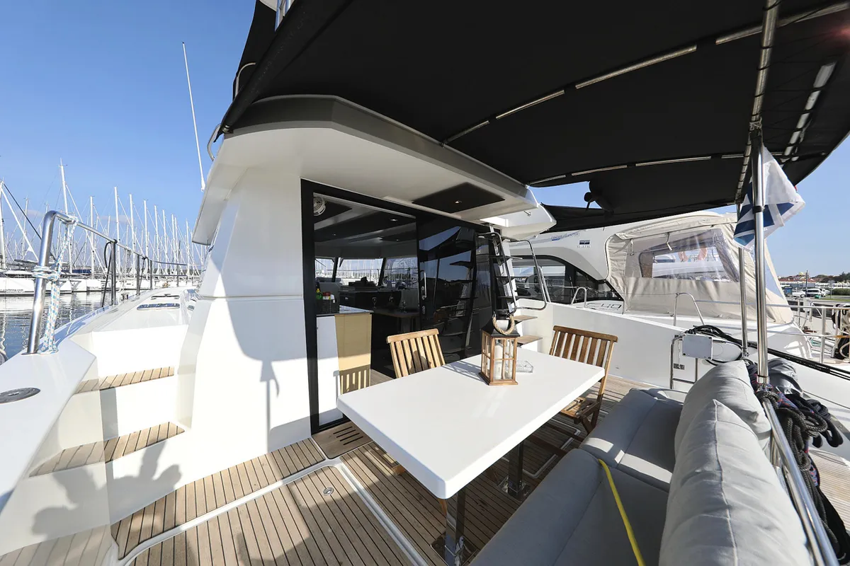 Deck of Marketka, a Fountaine Pajot MY 37 catamaran at Grad Biograd na Moru, Croatia