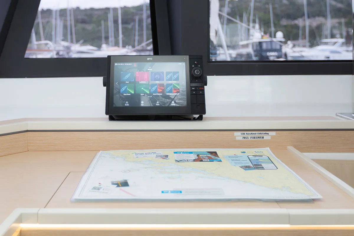 Cockpit of Kajsa Kavat, a Cervetti 44 catamaran at Primošten, Croatia