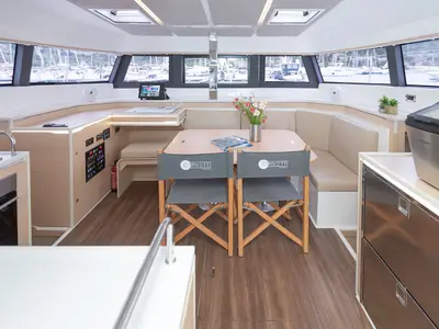 Salon of Kajsa Kavat, a Cervetti 44 catamaran at Primošten, Croatia