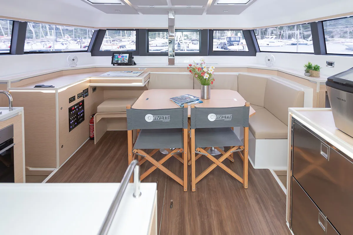 Salon of Kajsa Kavat, a Cervetti 44 catamaran at Primošten, Croatia