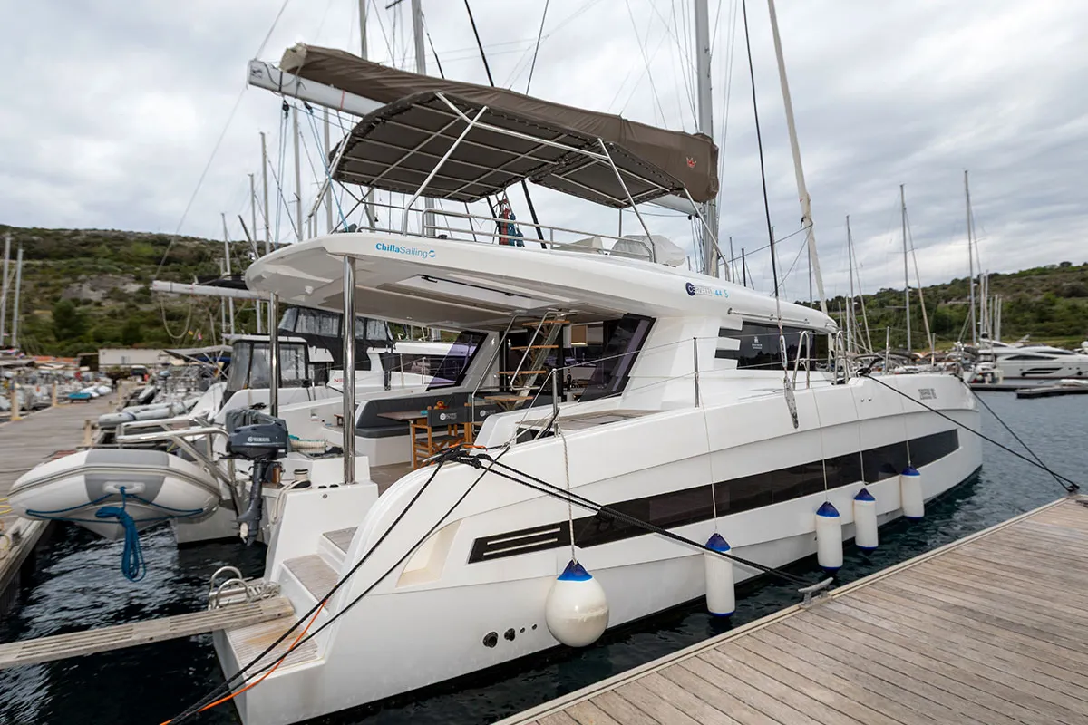Exterior view of Kajsa Kavat, a Cervetti 44 catamaran at Primošten, Croatia